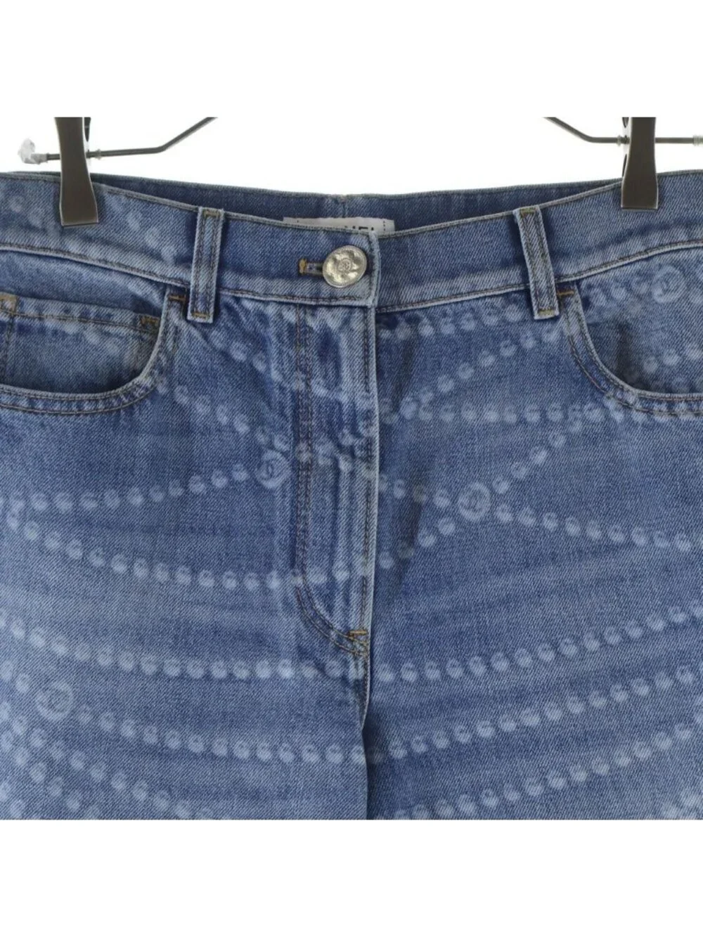 Chanel CC Logo Pearl Print Wide Leg Denim CC Leg All Over Pattern Zip Fly Long